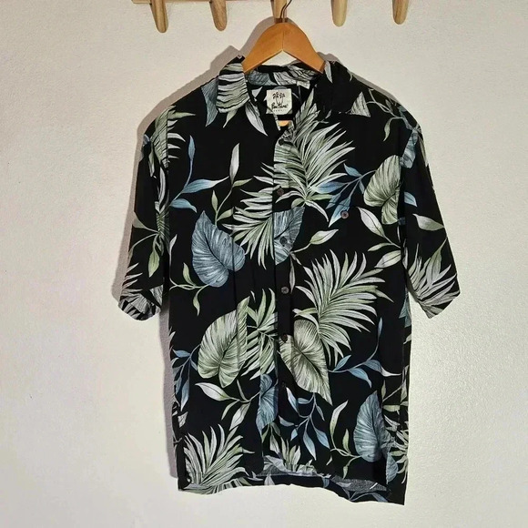 Panttana Mens Hawaiian Shirt Medium Cotton Button Up Floral Black Island Palm - Picture 3 of 10